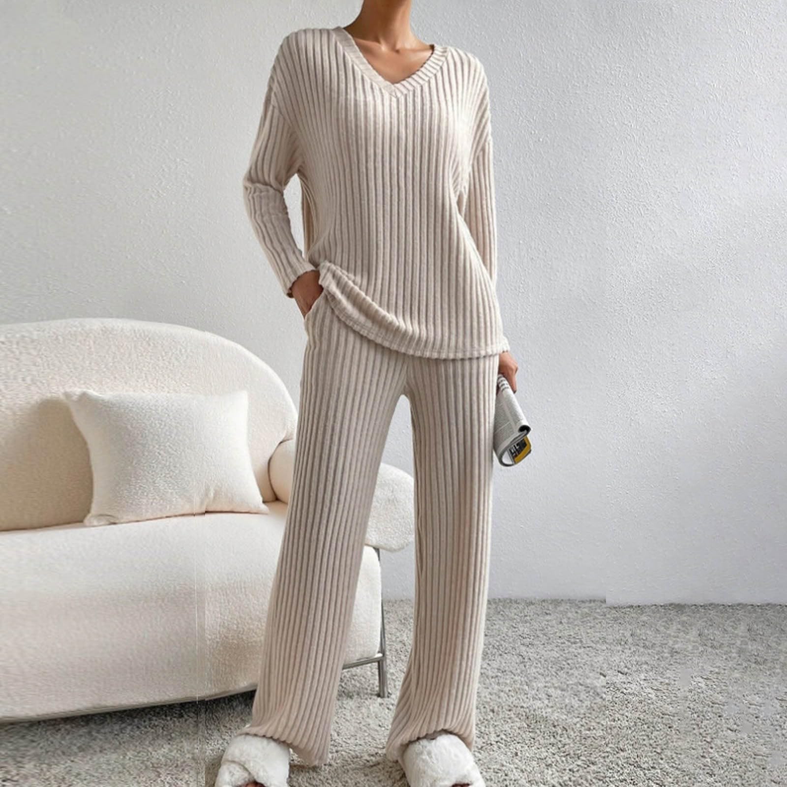 Pigiama a maniche lunghe, da donna, in tinta unita, in due pezzi, a maglia, 2 pezzi, lungo, con scollo a V e gamba larga, comodi pantaloni da lounge