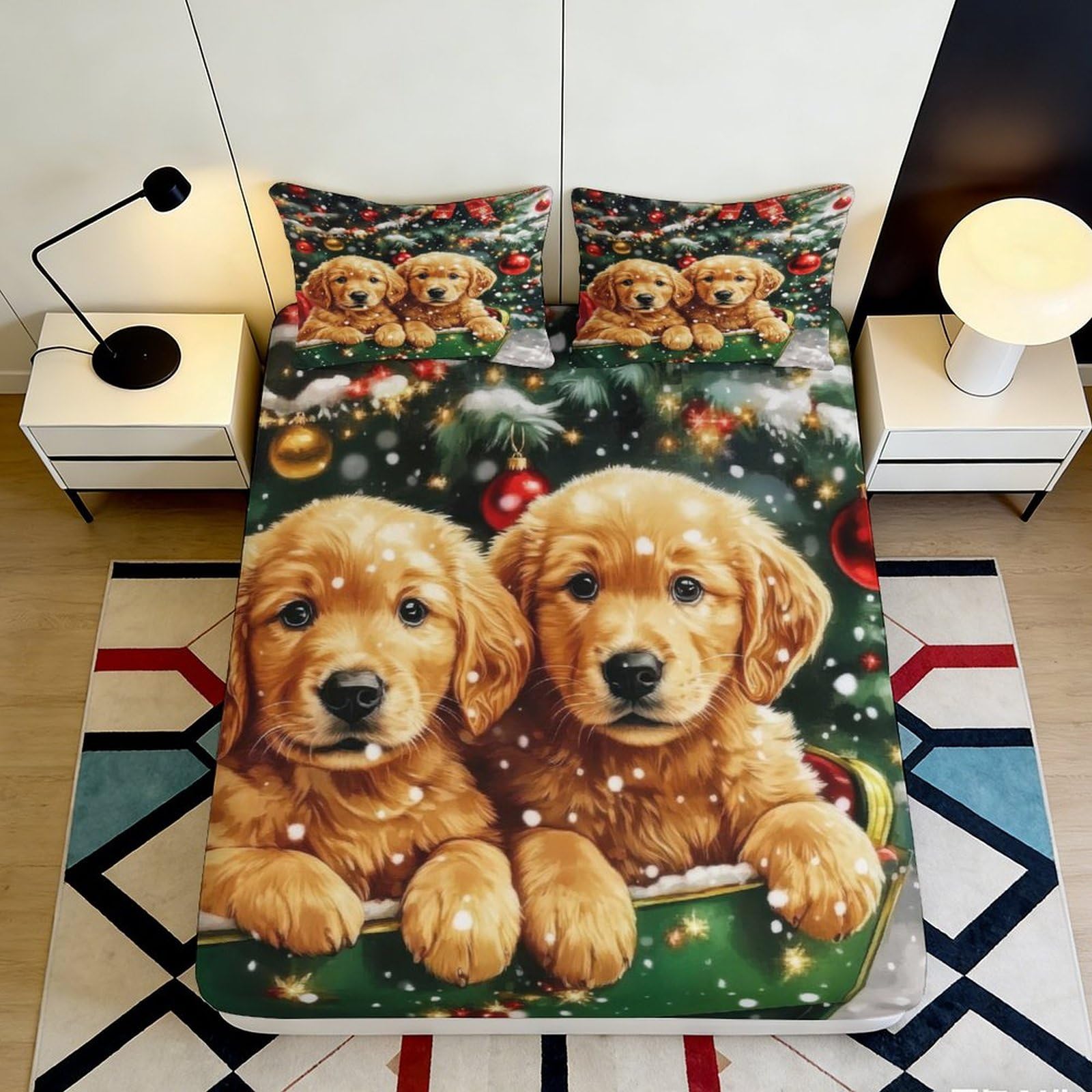 3D Printed Golden Retriever Puppy Fitted Sheet Microfiber Soft Non-Slip Dog Bed Cover for Bedroom Dorm Decor 90x200x25cm