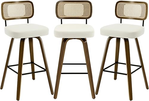 Miniatura 20 de Bekrvio Juego de 3 taburetes de bar giratorios de altura de mostrador, taburetes de bar tapizados de piel sintética con respaldo de ratán, sillas de