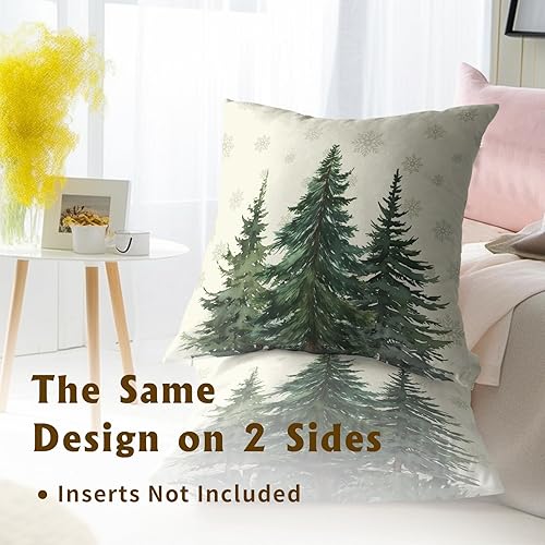 Miniatura 5 de Juego de 2 fundas de almohada de bosque de pinos de 22 x 22 pulgadas, color verde nieve, cedro y abeto beige, fundas decorativas de invierno para