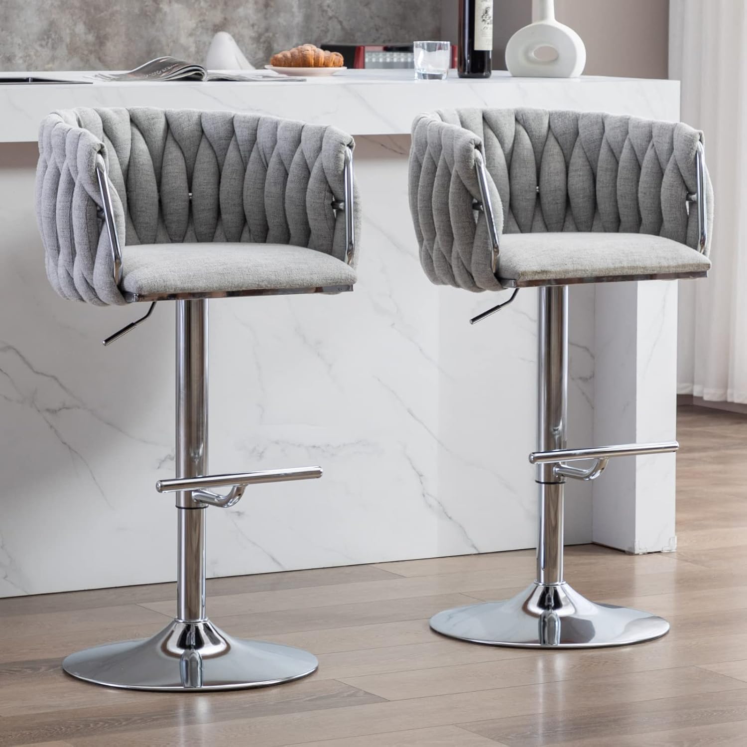LukeAlon Linen Swivel Bar Stools Set of 2, Modern Height