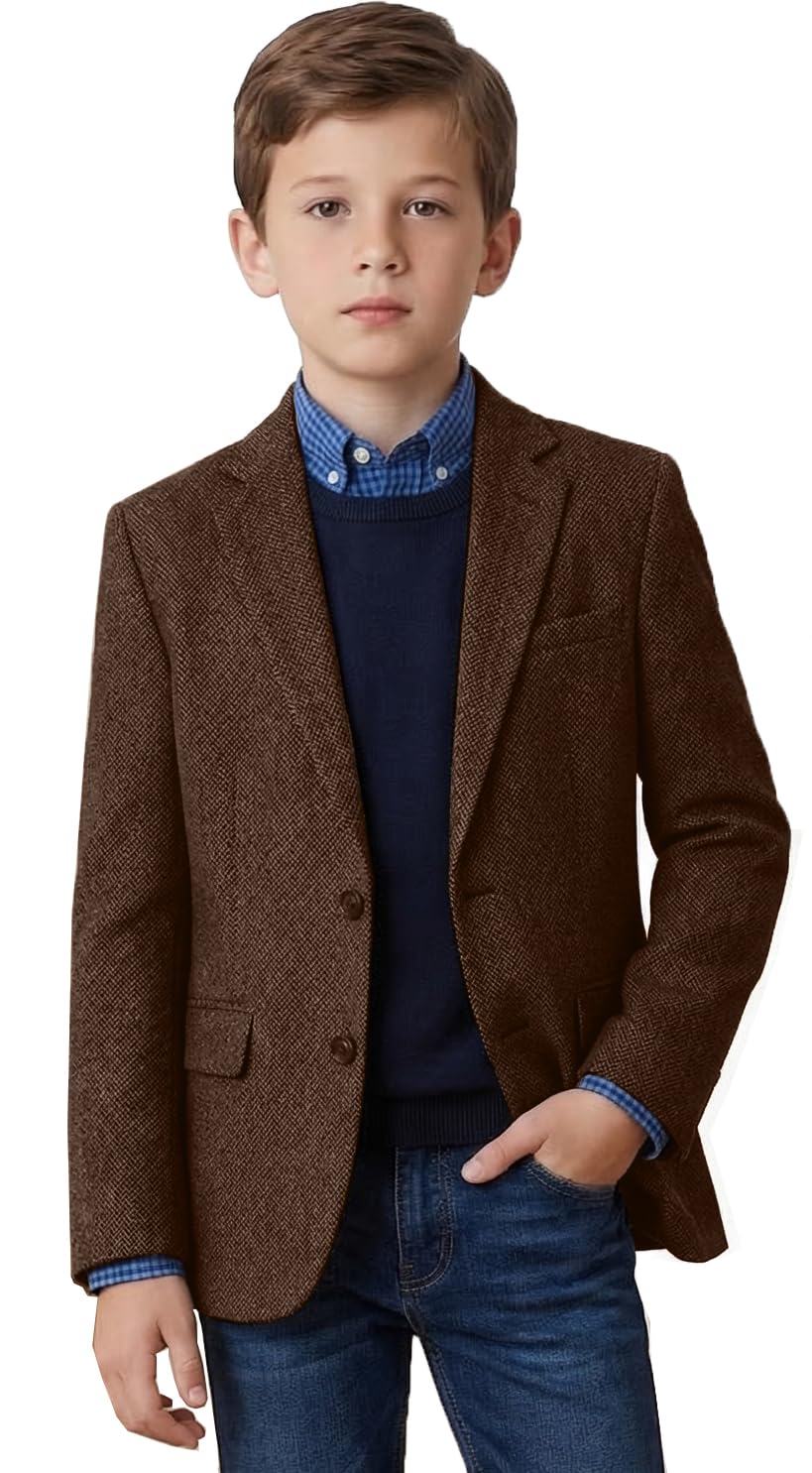 Photo 1 of Boys' Two Button Tweed Herringbone Blazer Jacket Boys' Tweed Herringbone Blazer Suit Jacket Formal Sport Coats deep Brown 12