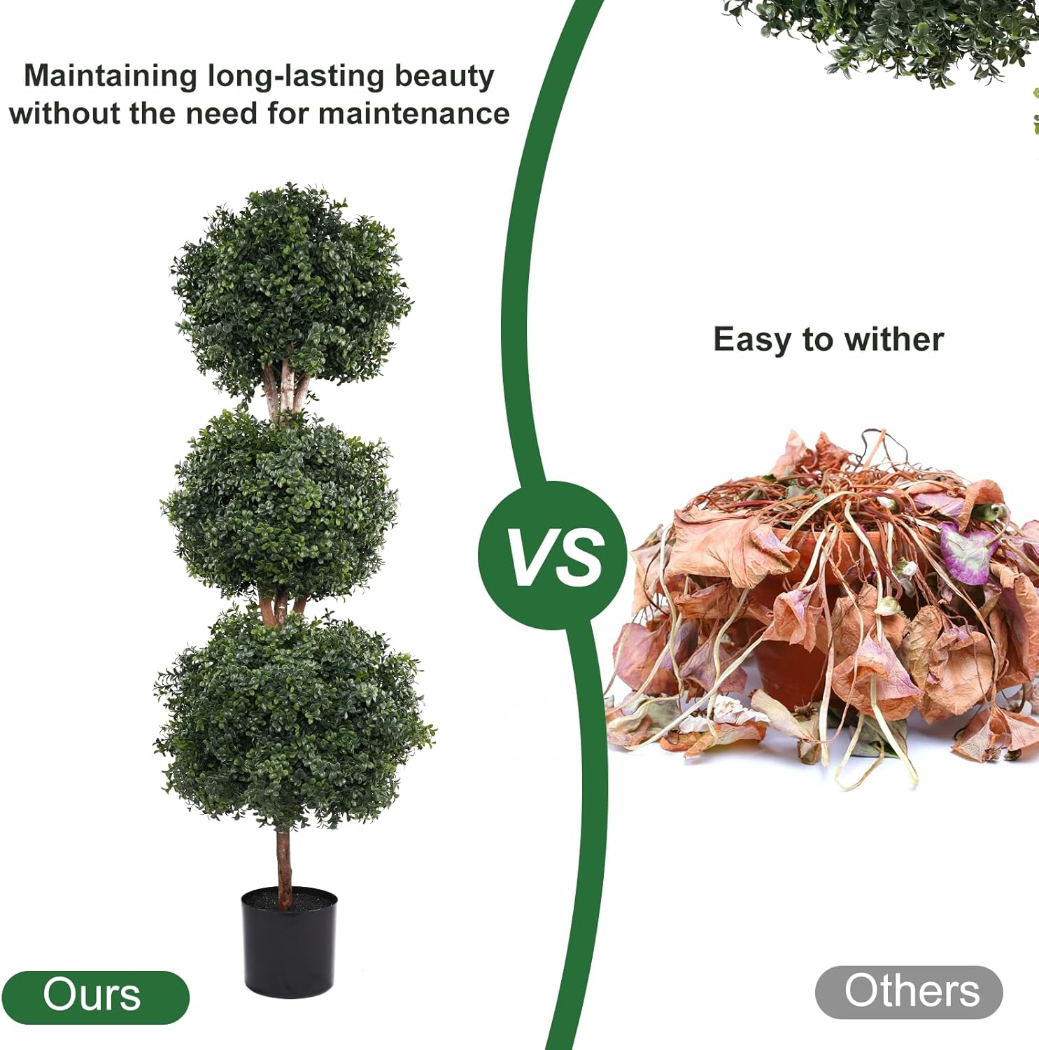 Artificial Topiaries Ball Tree Outdoor, 4.8ft Fake Topiary Triple Ball Boxwood Trees(2 Pieces), Faux Shrubs Plants Potted Artificial Tree Green Decorative Indoor Porch or Garden 57inch