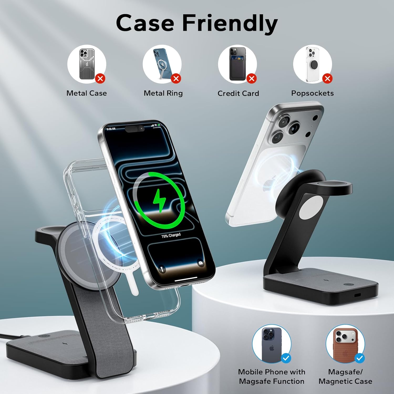 Eazpower 3 in 1 Foldable Wireless Charging Station for MagSafe, Nightstand Magnetic Charger Stand for iPhone 17 16 15 14 Pro Max, Travel Charging Dock with Night Light for Apple Watch/AirPods (Black)