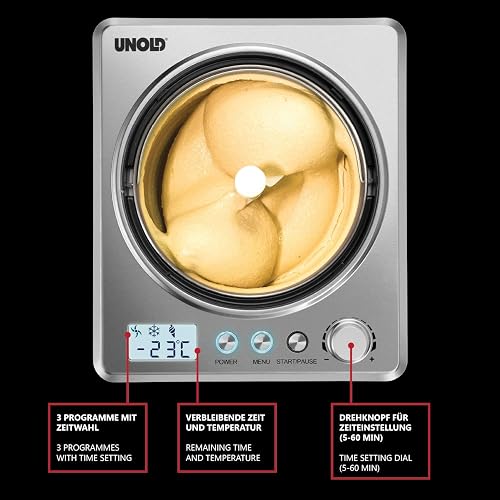Unold Ice Cream Maker Profi Plus 48880 - Perfect for Ice Cream, Gelato, Sorbet & Frozen Yoghurt - Ready in 30 mins - 2.5L Stainless Steel Bowl - Fully Automatic Self Cooling - 180W Electric Compressor - 5