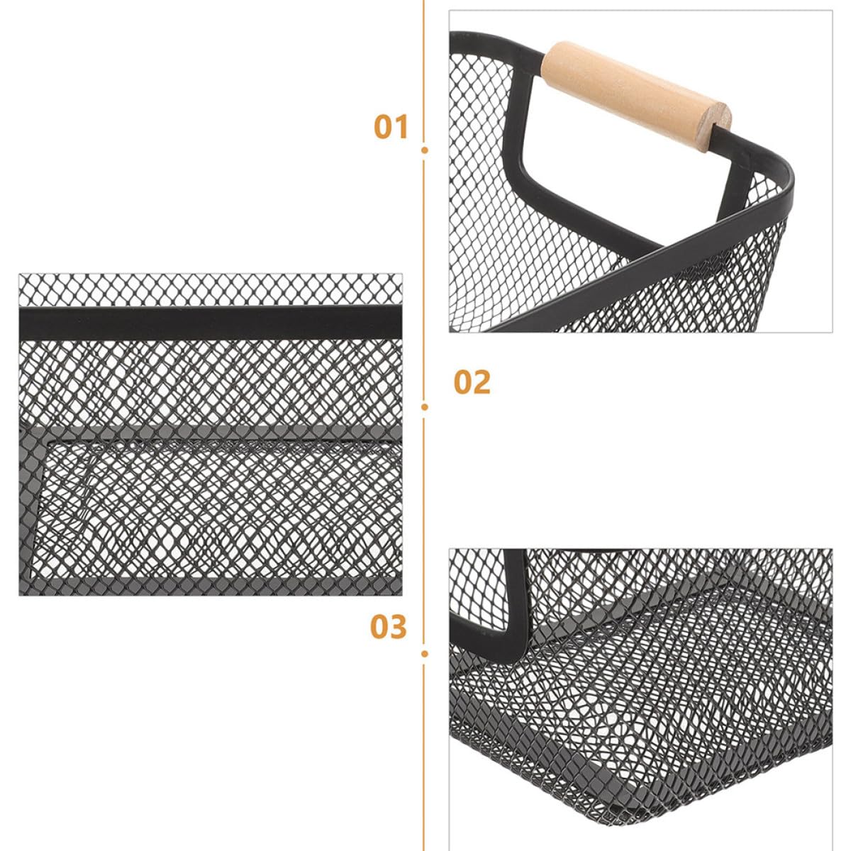 Aufbewahrungskorb Schwarz aus Metallgewebe mit Holzgriffen | Eisenkonstruktion, Rechteckige Form, für Schlafzimmer und Küche, Nordisches Design im 2 Stück-pack