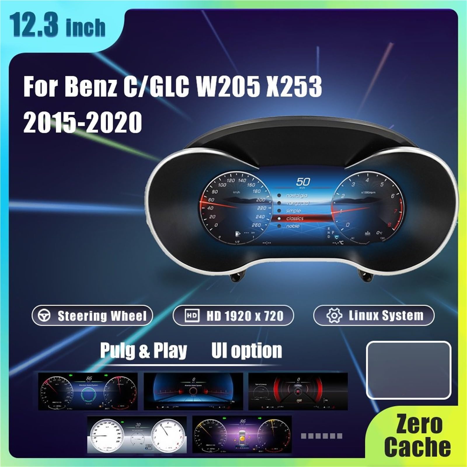 Cyfrowy miernik Do C/Glc W205/W253 2015-2020 Wyświetlacz Head Up | Auto Panel Przyrządów Kokpit Deska Rozdzielcza 12.3 Lcd Cyfrowy Klaster