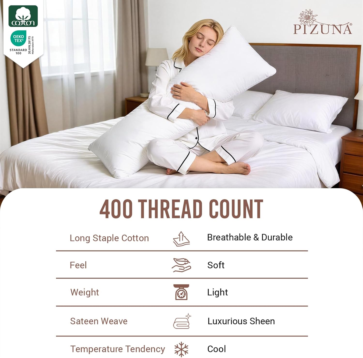 Pizuna Cotton Long Body Pillow Cover for Bed - White, 400 Thread Count 100% Long Staple Cotton Sateen, Cooling Case with 6 Inch Flap
