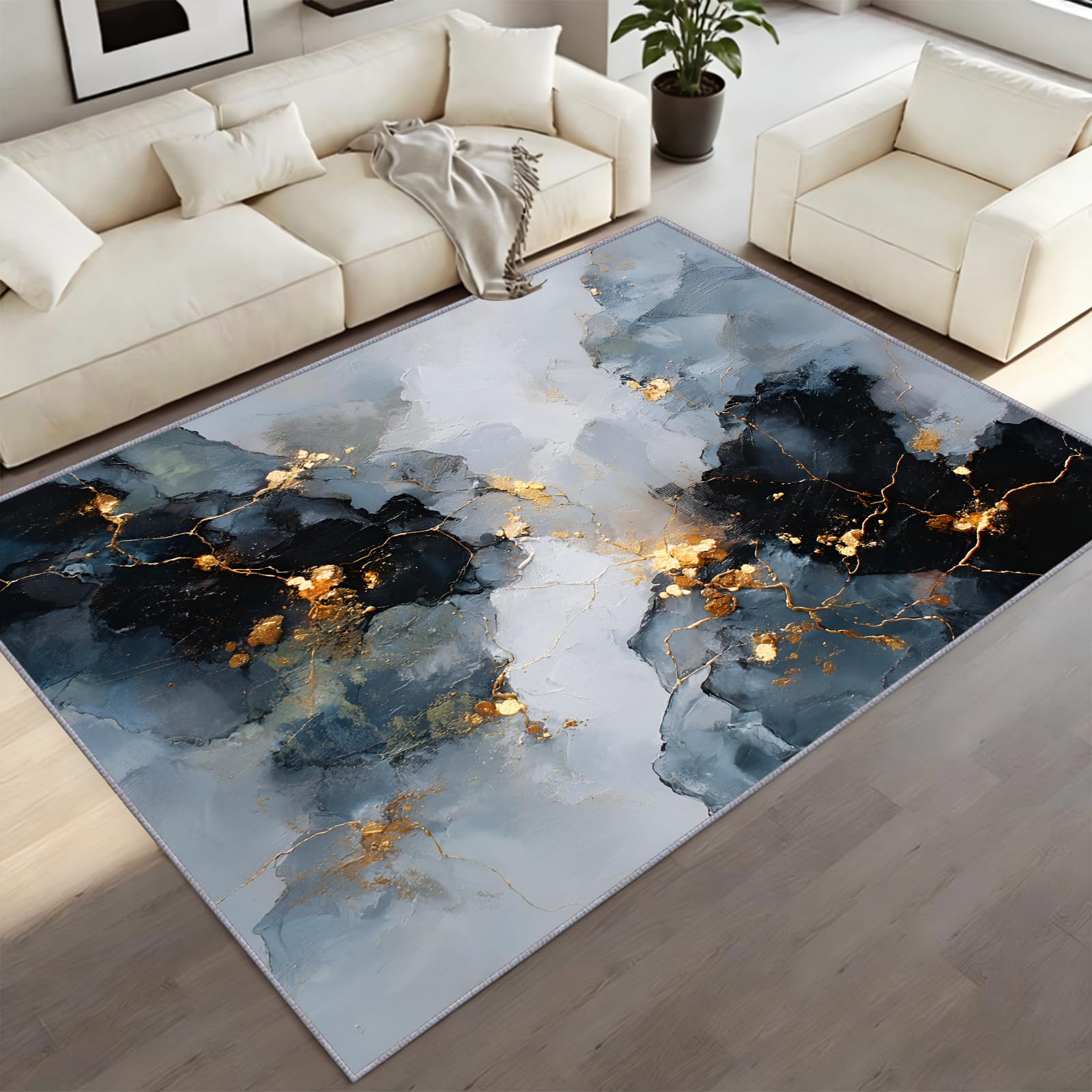 CAQDUEP Marble Area Rugs For Living Room 160x200cm Black And Gold Marble Area Rug, Modern Abstract Rug, Luxury Cracked Texture Print Carpet For Bedroom Cafe Office