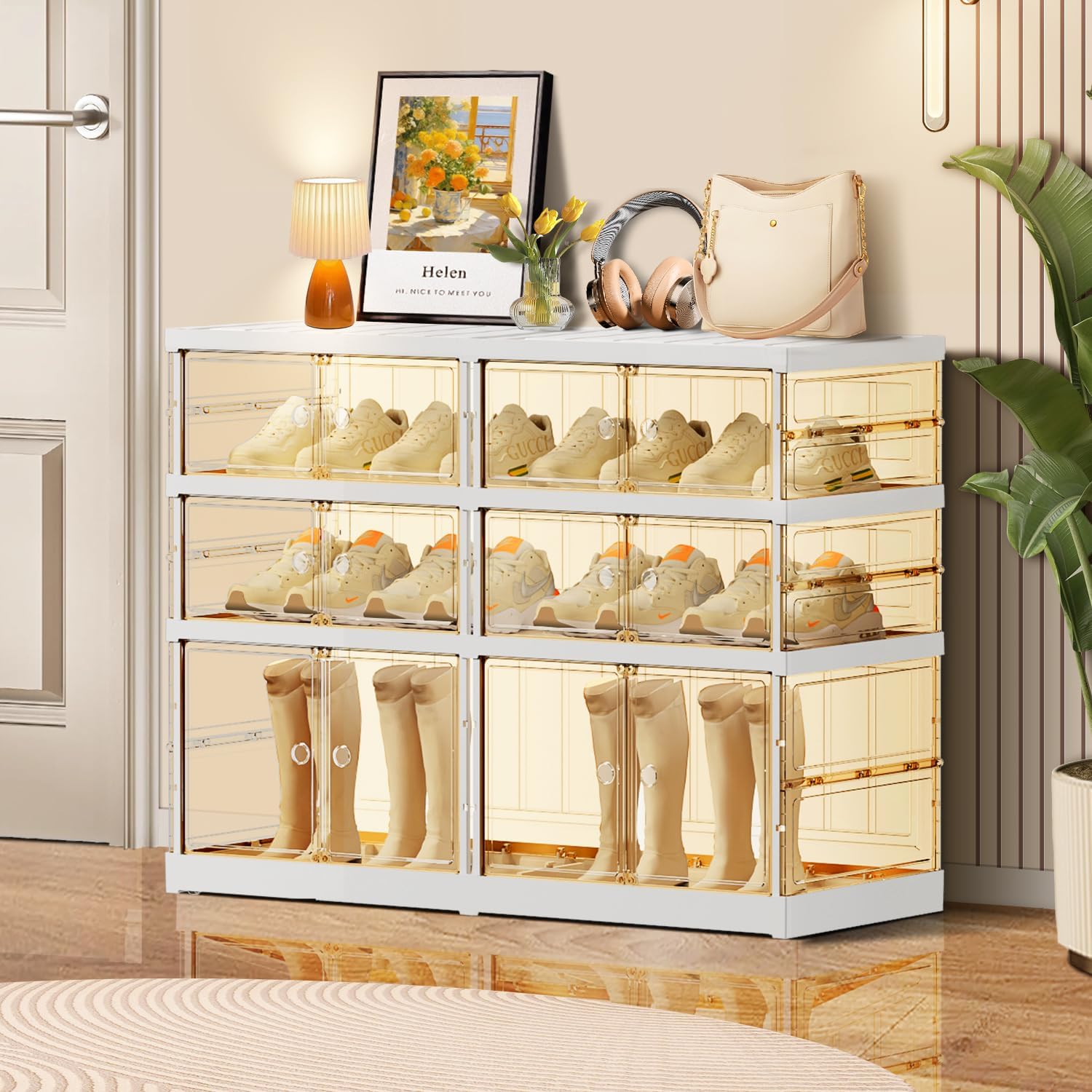 9-Tier Foldable Shoe Rack for Closet Entryway 9-18Pairs,Stackable Clear Shoe Storage Boxes Organizer with Door Plastic Small Shoe Cabinet Bins with Lids Narrow Shoe Shelf Easy Assembly