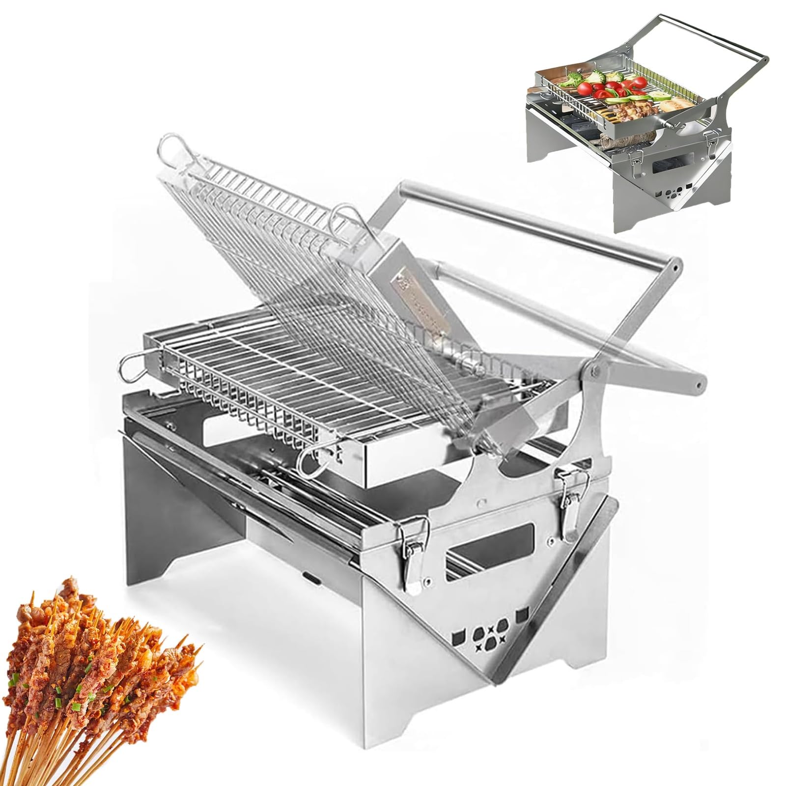 Obrotowy grill węglowy o 360°, ze stali nierdzewnej, przenośny grill ze zdejmowaną tacą, na kemping, piknik, podwórko, ogród, imprezę