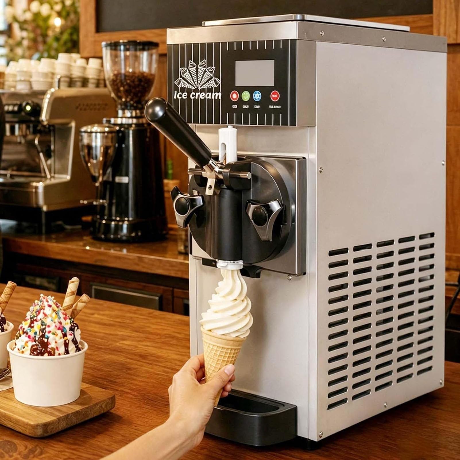 PioMue 4–5 Kg/H Single Flavor Commercial Soft Ice Cream Machine, 450W Soft Serve Ice Cream Maker, Auto Clean, for Home Snack Bar,Cafés and Milk Tea Shops CreamWhite