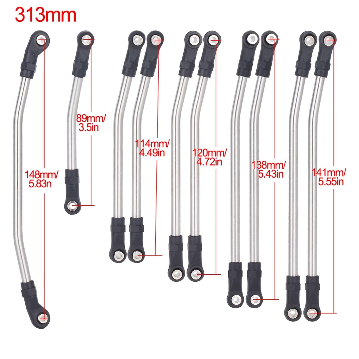 10Pcs Stainless Steel Links Rod Set with Ball End 313/324mm Wheelbase for 1/10 RC Crawler Car Axial SCX10 II 90046 Upgrade Parts (313mm)