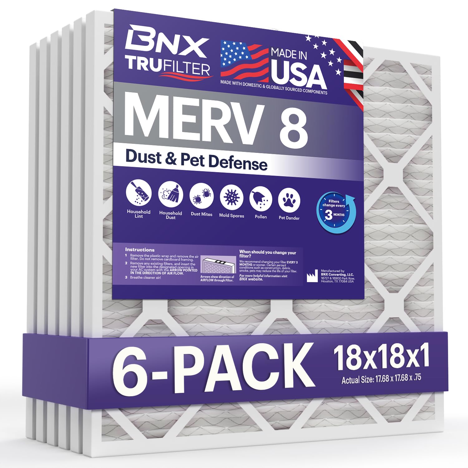BNX TruFilter 18x18x1 Air Filter MERV 8 (6-Pack) - MADE IN USA – Dust & Pet Defense Air Conditioner HVAC AC Furnace Filters for Dust, Pet, Mold, Pollen MPR 600 – 700 & FPR 5