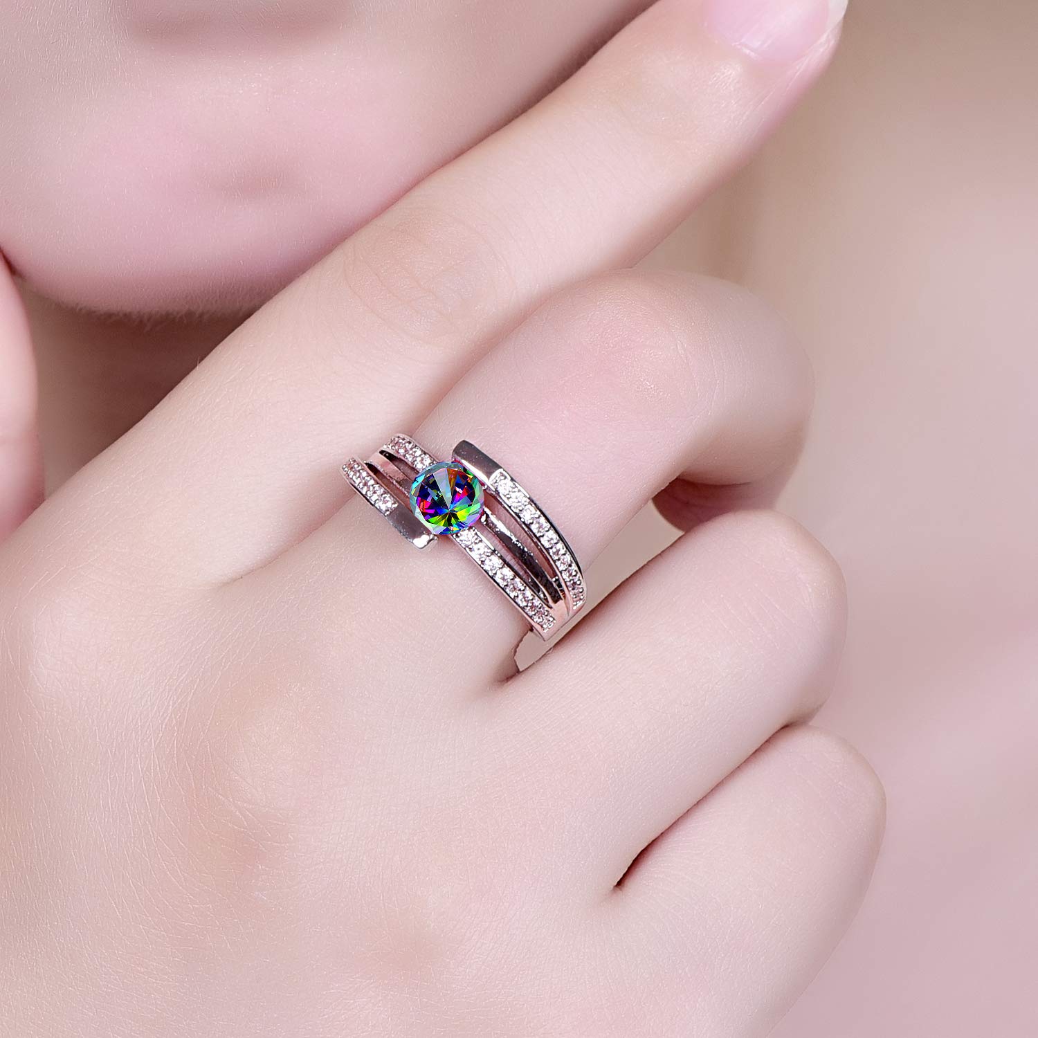 Emsione 925 Sterling Silver Plated Created Rainbow Topaz Round Brilliant CZ Cut with Round Side Stones Interlocked Eternity Ring Anniversary Wedding Engagement Band Ring Size 7 Color Rainbow