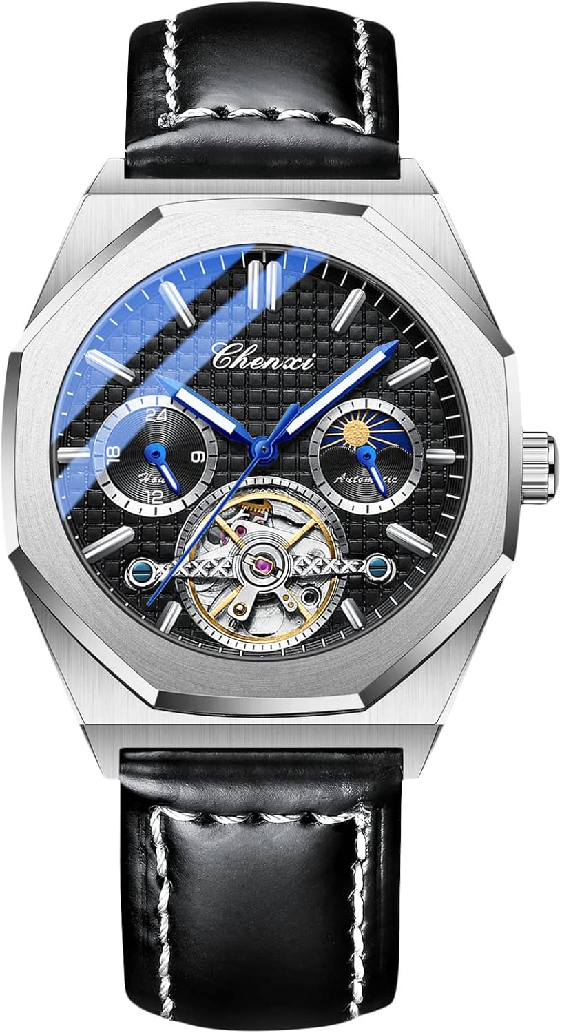 rorios Mens Watches Luminous Watches Automatic Mechanical Watch Skeleton Watches with Leather Strap Fashion Tourbillon Watch