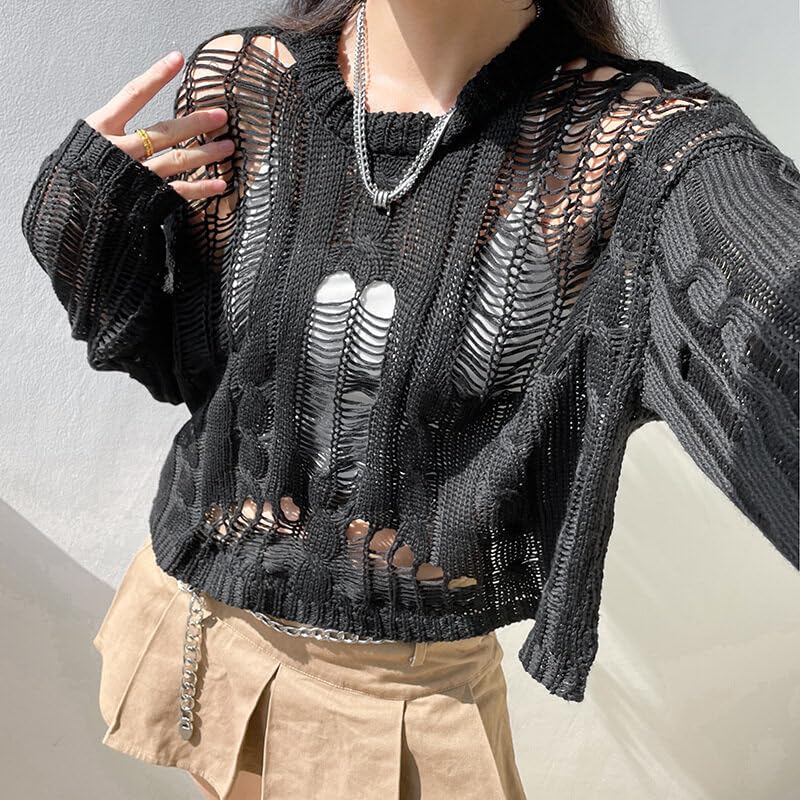 Image of Women Gothic Sweater Hollow Out Ripped Knit Pullover Punk Hole Sexy Slim Fit Cutout Long Sleeve T Shirts Top
