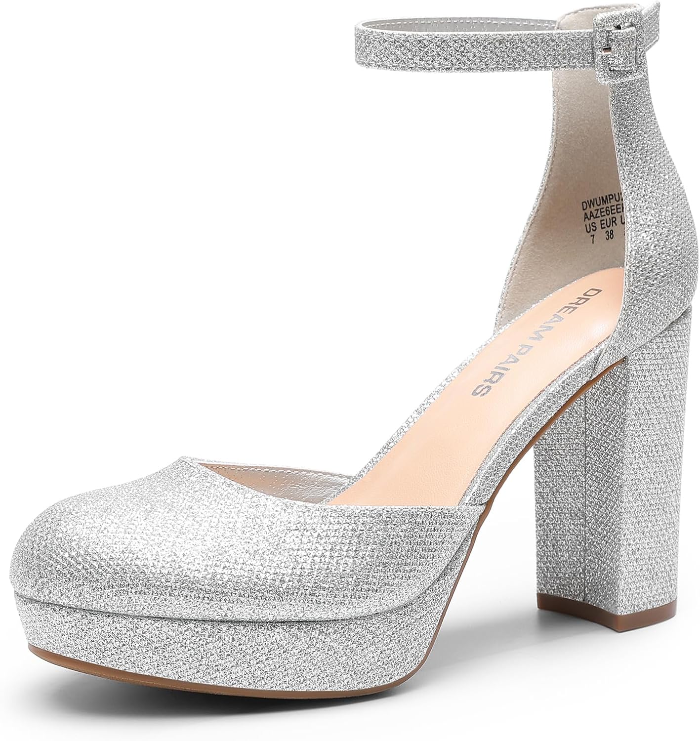 Silver Glitter Faux Leather High Heel Ankle Strap Pumps
