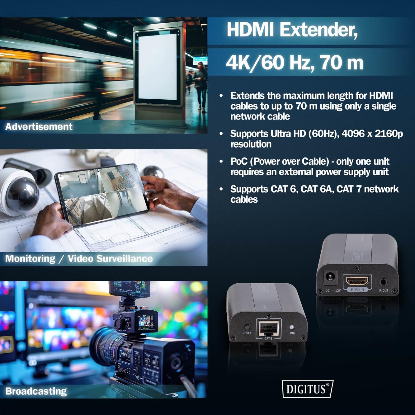 DIGITUS HDMI Extender – UHD 4K 60 Hz – 70 m über LAN-Kabel ab CAT 6 | Set aus Sender und Empfänger – IR Infrarot – HDMI 2.0, HDCP 2.2 – Power over Cable