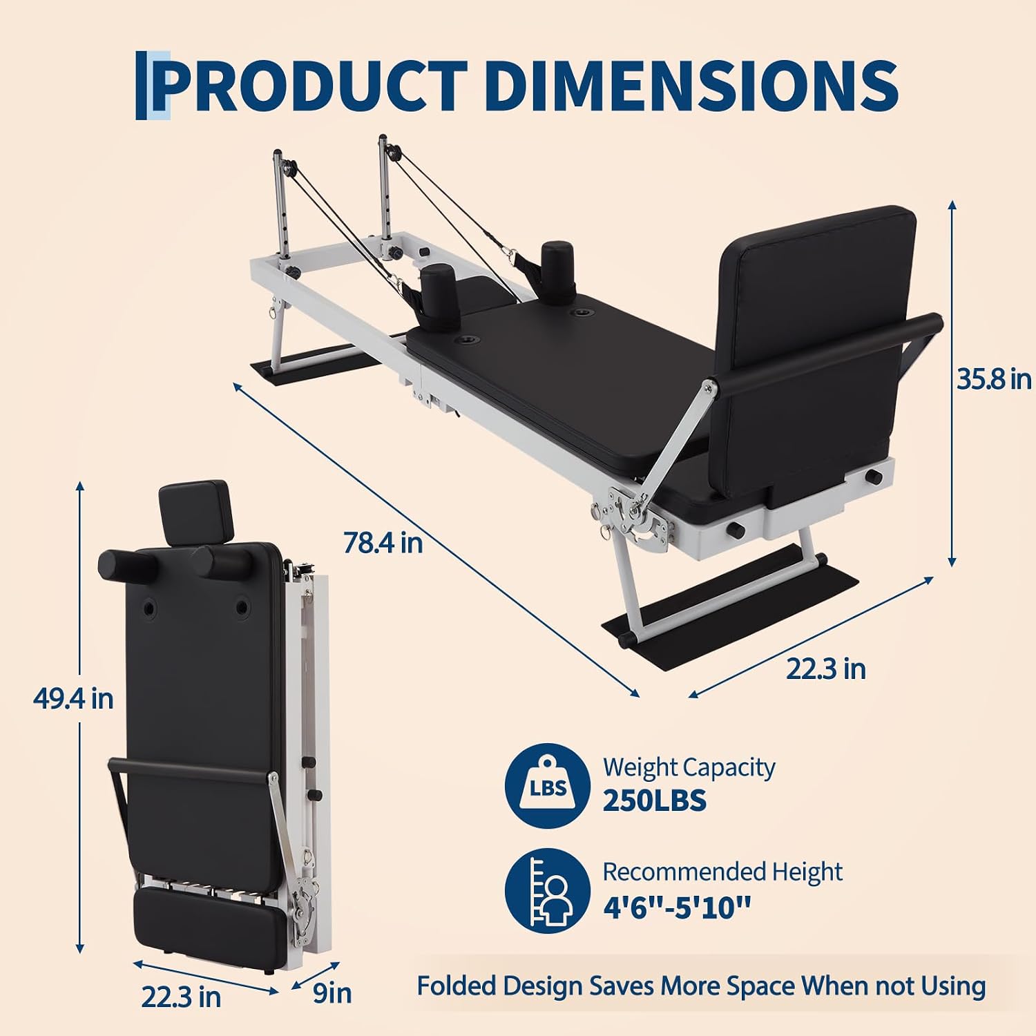 Pilates Reformer, Foldable Pilates Equipment with Jump Board, Springs and Cords, Adjustable Resistance for Home Use and Gym Workout, Pilates Machine for All Level Trainer