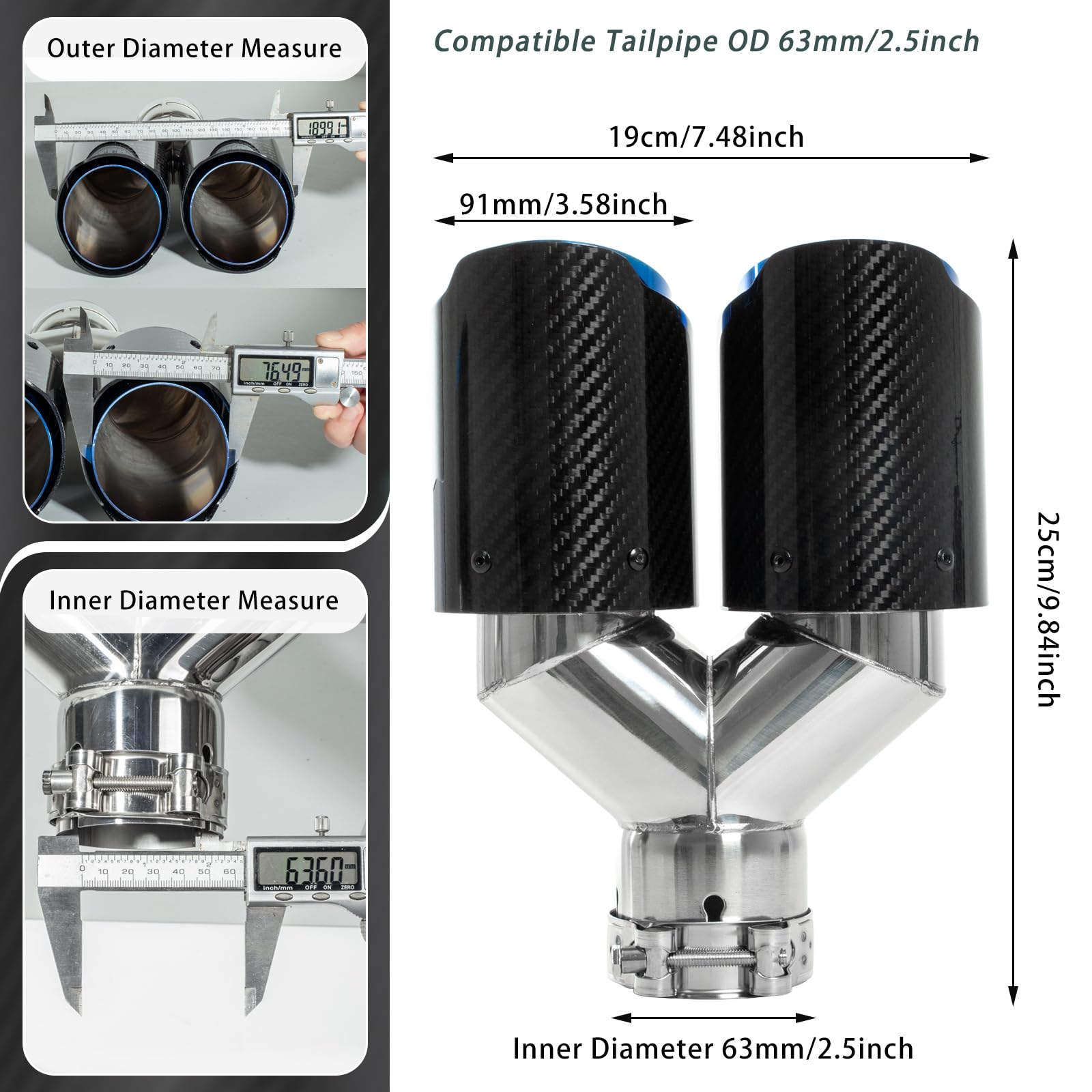 Catekro 63mm Terminale Scarico Auto Universale, Uscita Scarico in Acciaio Inox 304 & Fibra di Carbonio Tubo Terminale Marmitta Sportivo Fissare con Bulloni Chiave Inclusa (Doppia Uscita, Blu-nero)