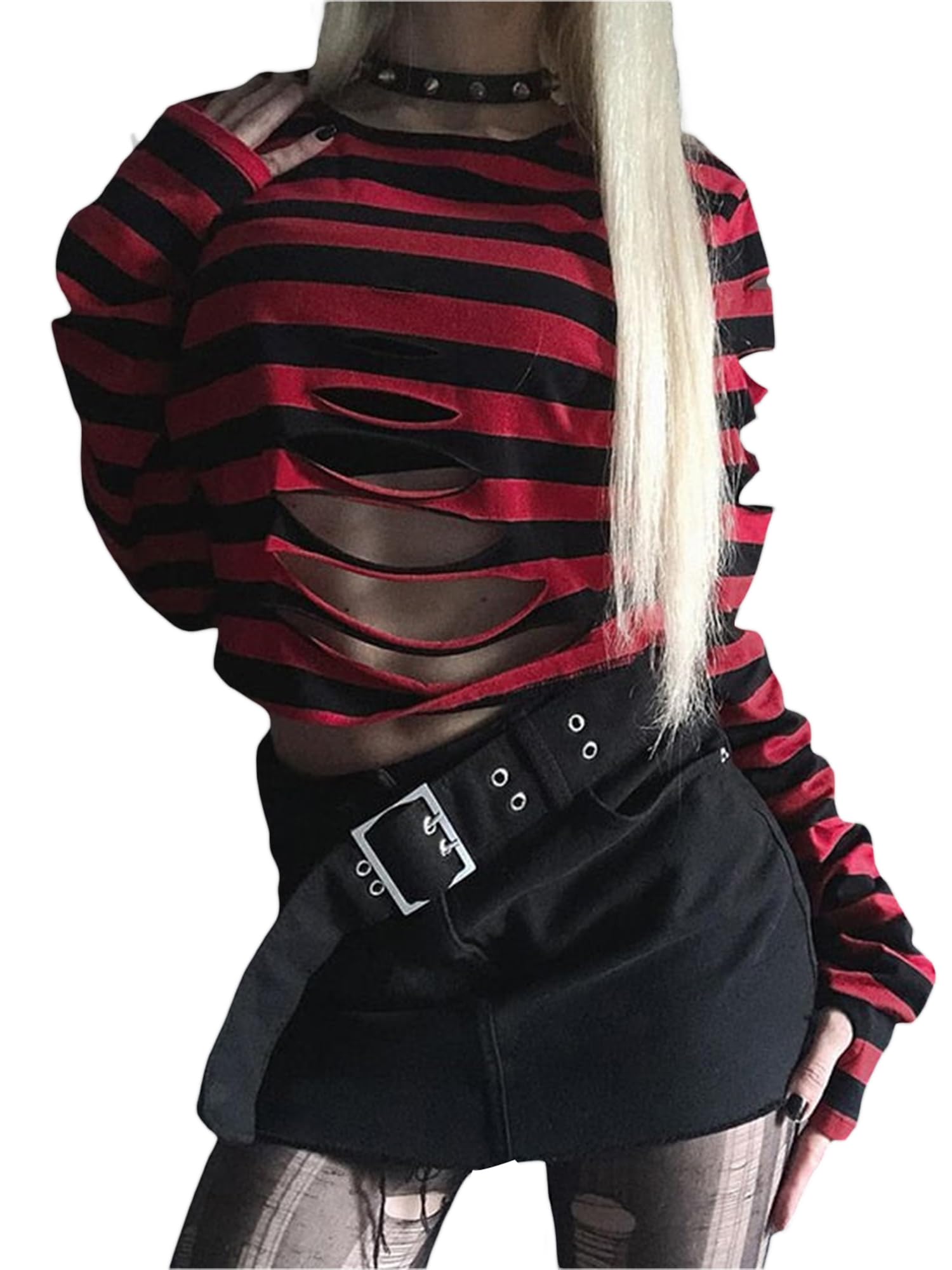 Anuedgis Women's Y2K Distressed Crop Tops Long Sleeve Round Neck Striped Print Loose Fit T Shirts Halloween Gothic Tops (A-Red, XL)