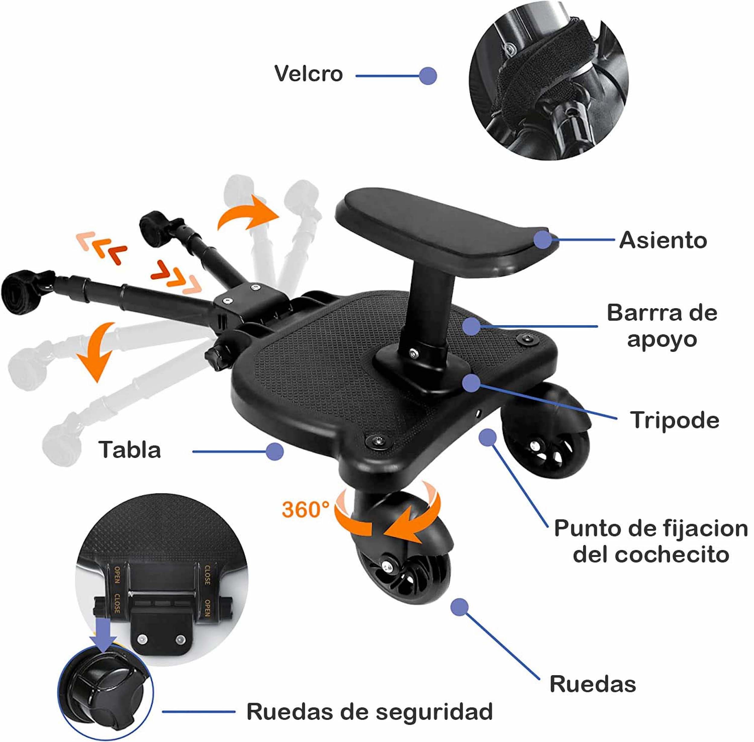 HELLO HIPPO® Patinete Carro Bebe Universal, Buggy Board con Asiento, Tabla para Cochecito con Cuerda Colgante, Accesorio para Cochecito para Niños de 2 a 6 Nños
