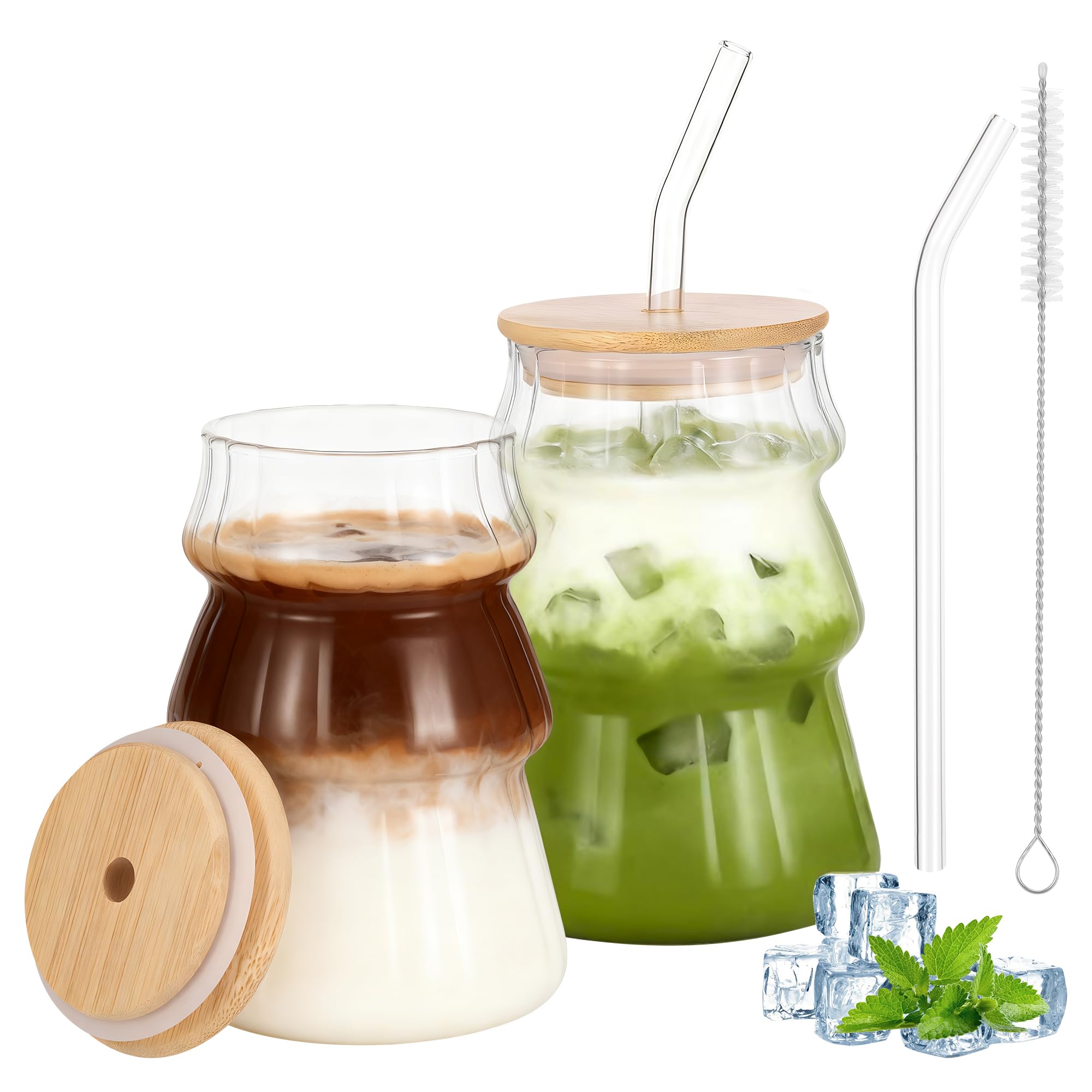Hejo 2 Pack Matcha Glass with Straw and Lid - 500ml Clear Ribbed Bubble Glass Mugs, Matcha Glass, Cute Glasses Cups for Iced Coffee, Bubble Tea, Juice, Smoothies - Home, Cafe Use