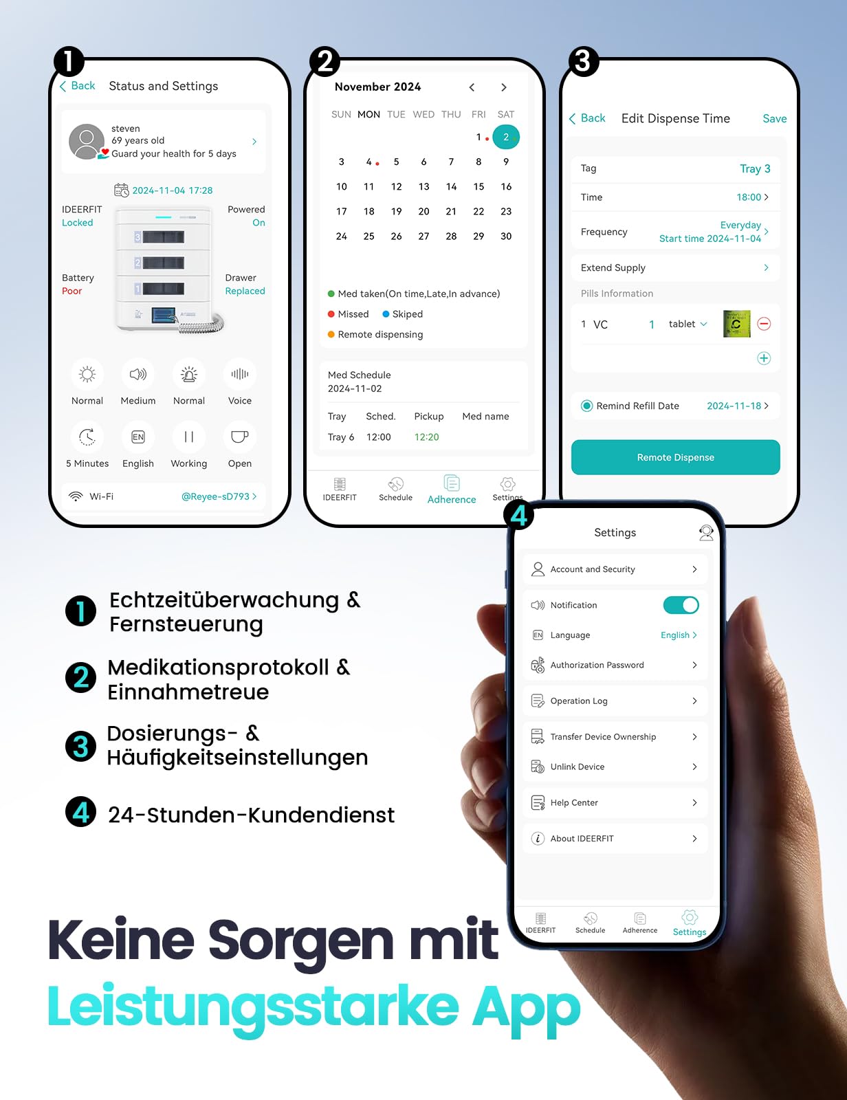 Intelligente Tablettenbox App LCD 42 Tage 3 Fächer | App und LCD, digitales Schloss, Licht- und Tonalarm, 3 Fächer, 42 Tage Vorrat, für Senioren