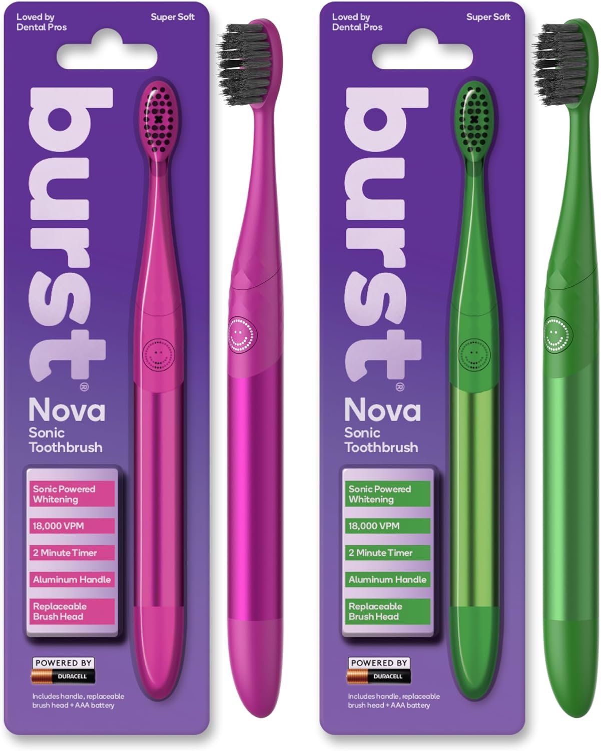 Burst Nova Toothbrush (2 Pack/Pink & Green) | Sonic Powered Teeth Whitening | Super-Soft Bristles | 18000 VPM | 2 Minute Timer | Aluminum Handle | Replaceable Brush Head | Compact Size | AAA Battery Burst Nova Toothbrush (2 Pack/Pink & Green) | Sonic Powered Teeth Whitening | Super-Soft Bristles | 18000 VPM | 2 Minute Timer | Aluminum Handle | Replaceable Brush Head | Compact Size | AAA Battery
