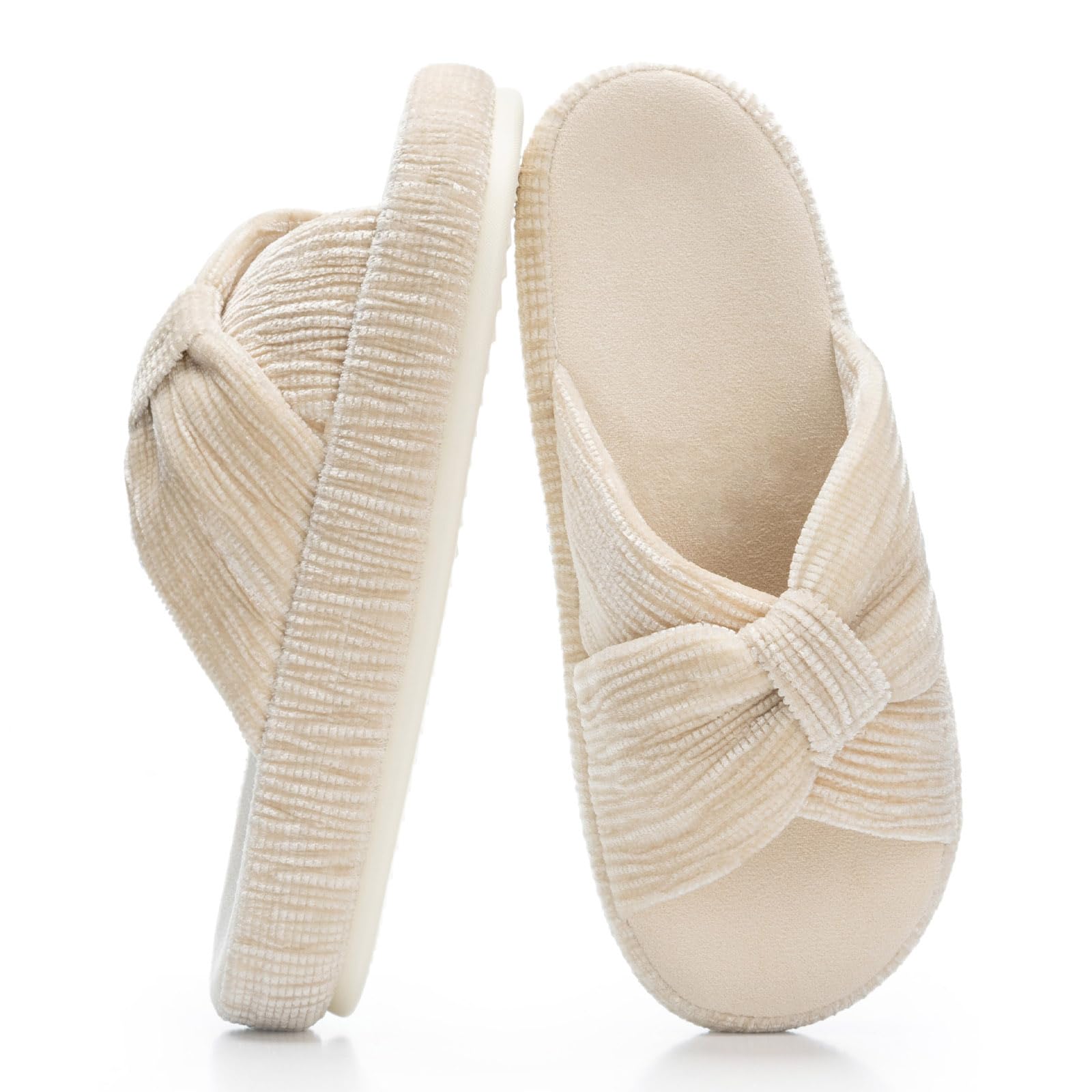 Chantomoo Slippers for Women Memory Foam House Bedroom Corduroy Bow Crossbands Slipper Shoes Comfy Trendy Gift Slippers