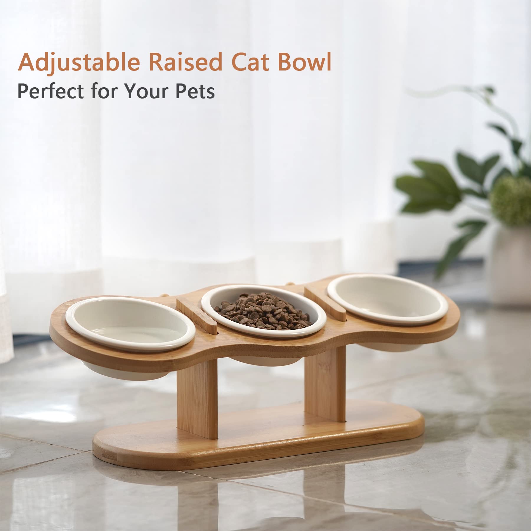 Gamelles Surélevées Pour Chat Inclinées 15° - 3 Bols Céramique, Hauteur Réglable, En Bambou