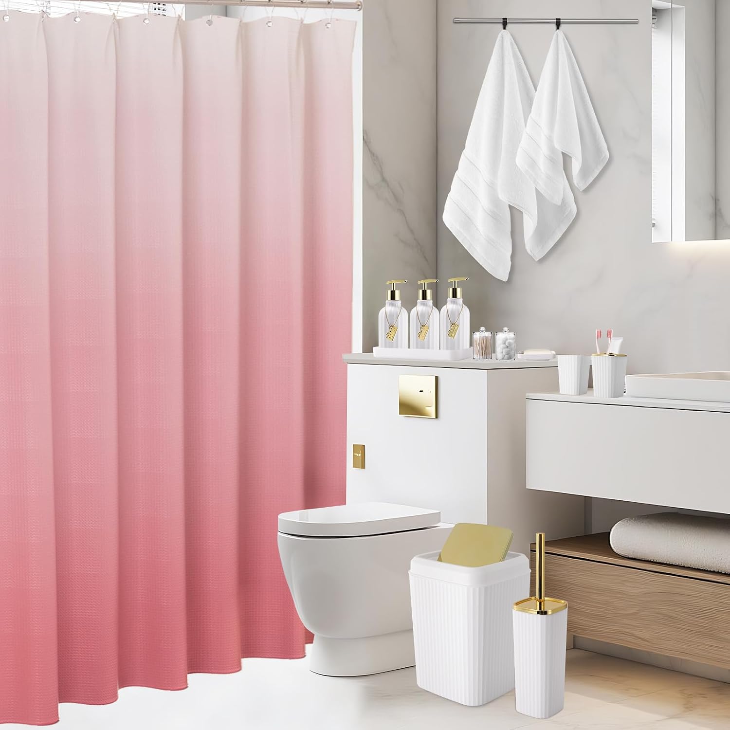 32PCS Bathroom Accessories Set Bathroom Set,White Shower Curtain Set,Bath Towel Set,Hand Towel,Toilet Brush,Trash Can & 3PCS Soap Dispenser