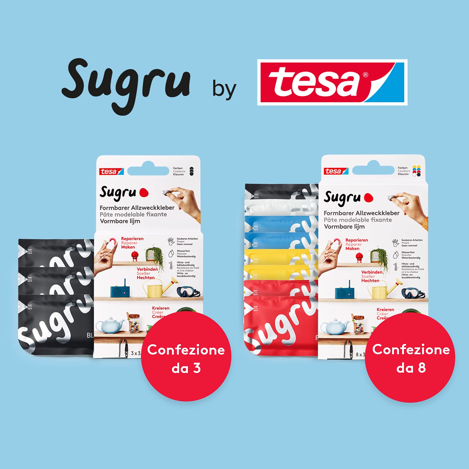 Sugru Colla modellabile di tesa, adesivo forte per tutti gli usi, confezione da 3 (3 x 3.5 g) in nero, bianco e grigio
