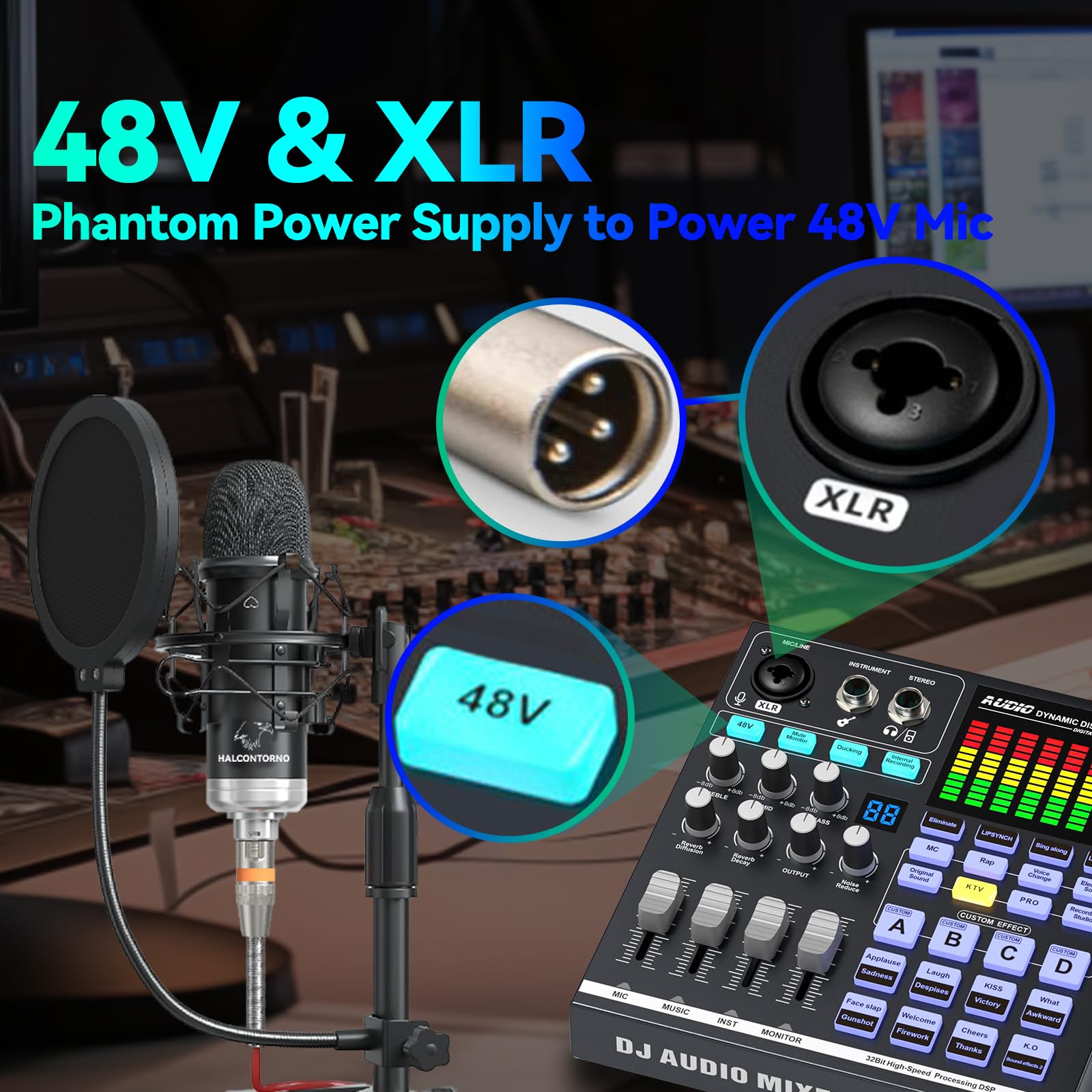 Scheda audio, mixer audio DJ con DSP, ingresso XLR, batteria integrata, scheda effetti sonori per live streaming, podcasting
