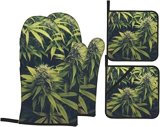 Marijuana Leaves Cannabis Plant Green Dense Vegetation of Ganja Heat Resistant Oven Mitts and Pot Holders Set of 4-500°f Protection Utensil Pocket for Grilling, Baking, Cooking