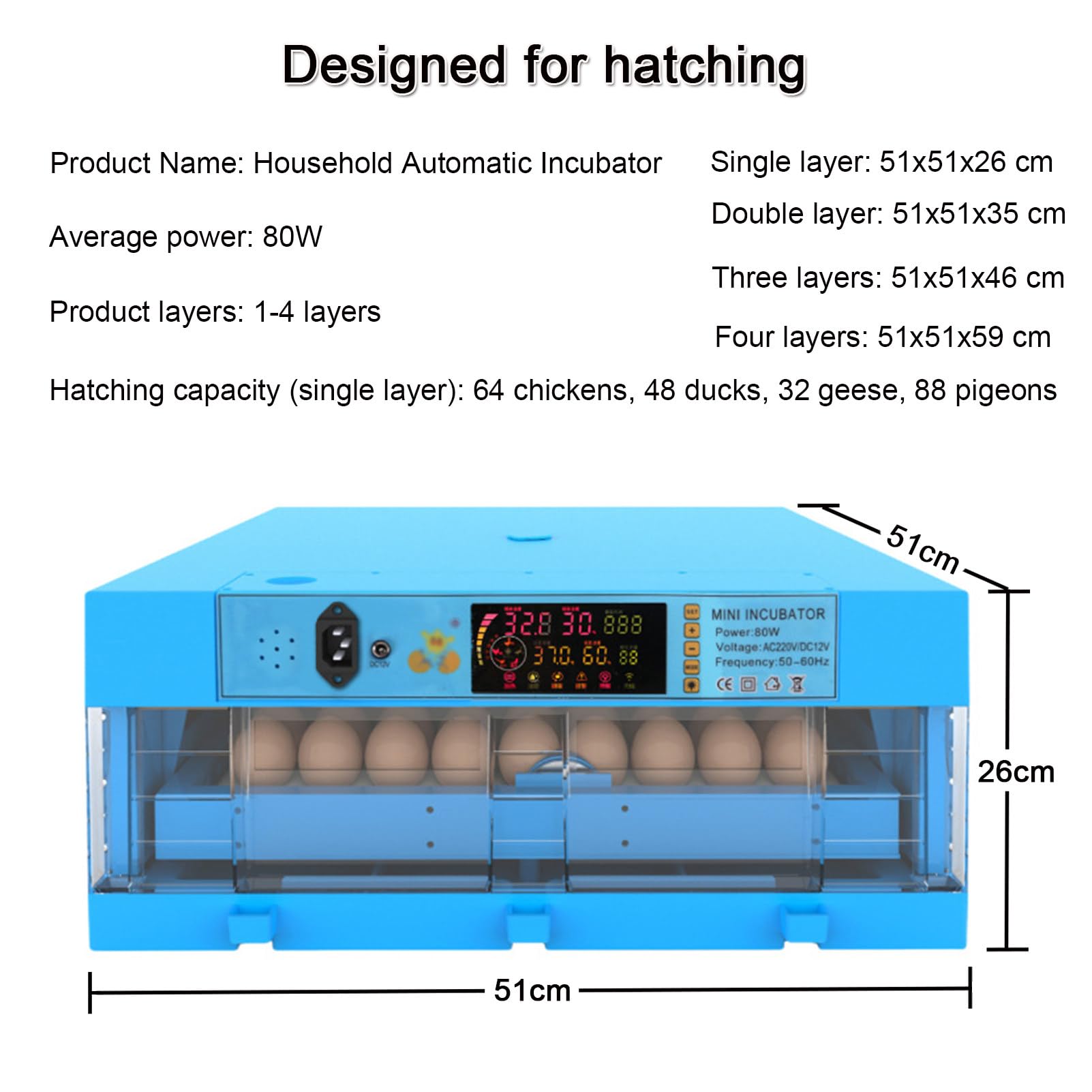 Incubatore completamente automatico per pulcini incubatrice per uova per anatre incubatrice automatica controllo della temperatura Brooder domestica, 64 uova