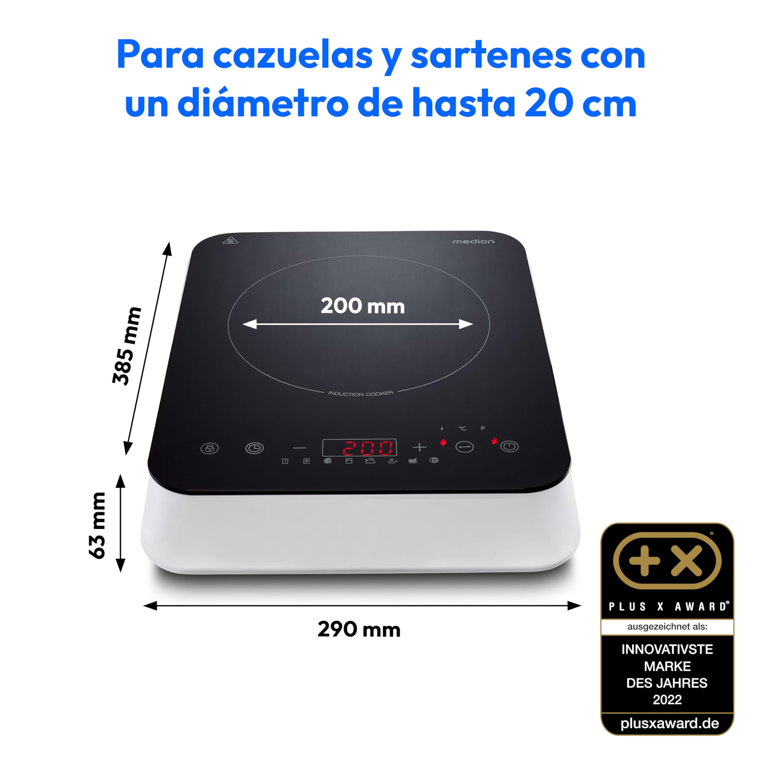 MEDION Placa de inducción (individual, 2000 vatios, placa de inducción, 8 programas automáticos, detección automática de ollas, sensor táctil, pantalla LED, 10 ajustes de temperatura, placa de cristal