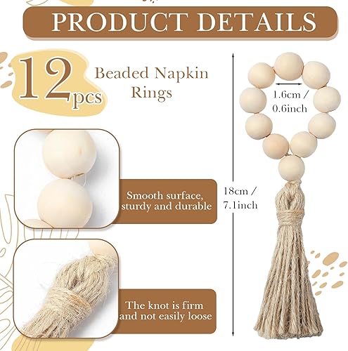 Miniatura 3 de Manteles individuales redondos bohemios con borlas y servilleteros de cuentas de madera de 15 pulgadas, manteles individuales de papel tejido de