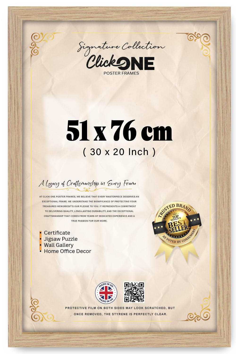Click One Oak Finish Picture And Poster Frame 51 X 76 Cm 30 X 20 Inch Wall Mounted Photo Certificate Jigsaw Puzzle Frame For Home Office Living Room Wall Display With Easy Mounting Kit