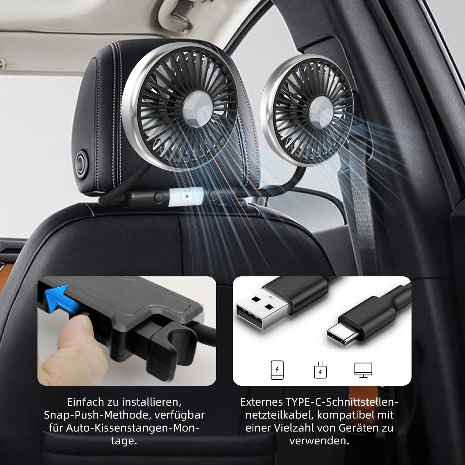 Ventilatore per auto, doppia testa per sedile posteriore, doppia ventola girevole a 360 gradi, ventola di raffreddamento USB auto con 3 velocità e 2 livelli di luminosità, luce LED per camion Van SUV