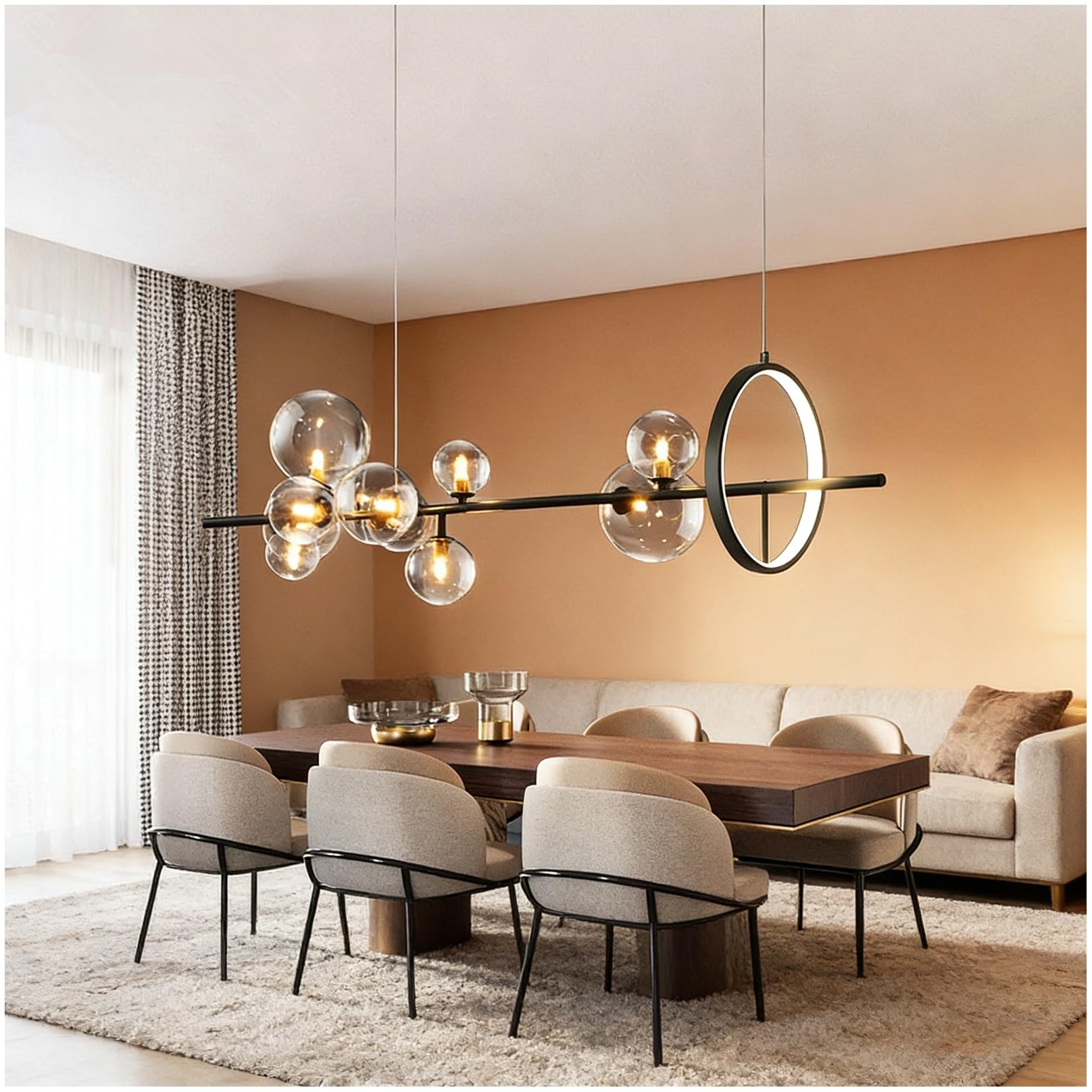 Lampada a Bolle Sospesa,Design Minimalista con Sfere di Vetro e Struttura in Metallo Nero Opaco,Per Tavolo da Pranzo o Isola Cucina, Installazione a Soffitto (nero, 120 * 30cm)