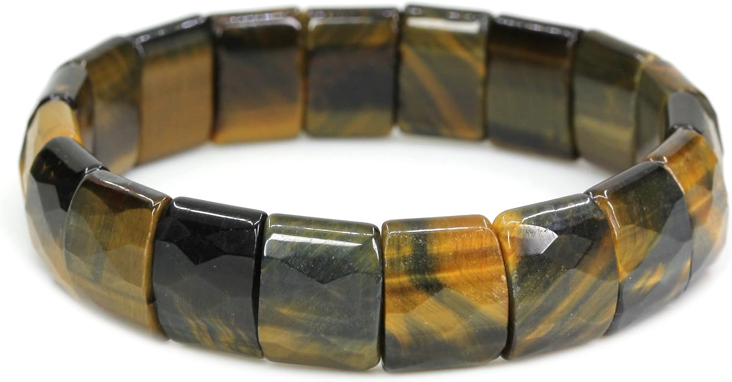 Keleny Gemstones Semi Precious 15mm Square Grain Faceted Beaded Stretch Bangle 7.5 Inch Unisex
