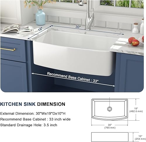 Miniatura 6 de Lordear - Fregadero de cocina de granja de 30 pulgadas, blanco, cerámica de arcilla refractaria y porcelana curva, fregadero delantero de delantal