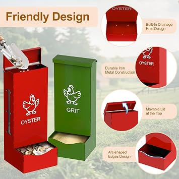 2 Pack Chicken Oyster Shell Feeder and Grit Feeder, Heavy Duty Metal Automatic Chicken Feeders with Lid, Gravity-Fed Chicks Food Dispenser Hanging Poultry Feeders for Coop Ducks Pigeons