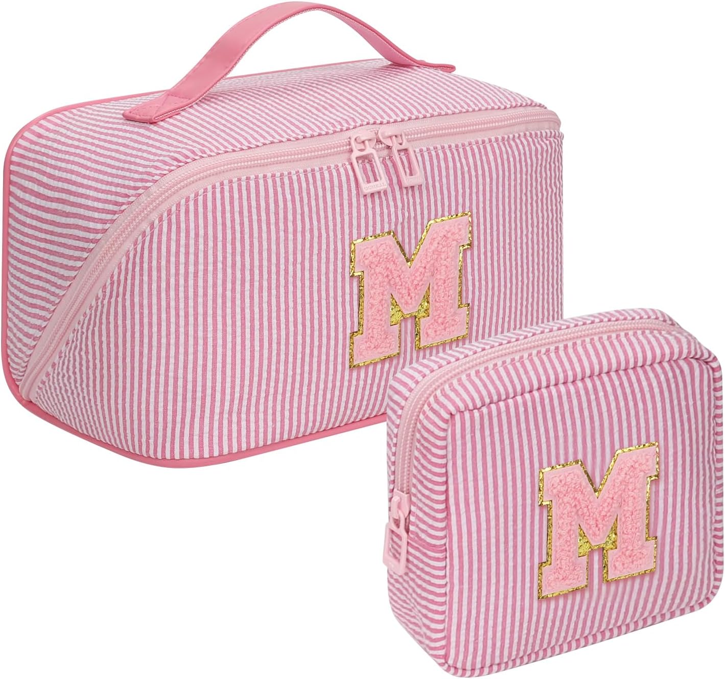Personalized Makeup Bag Initial A-Z, 2 Pieces Large Travel Cosmetic Bag, 11 12 13 14 15 22 Years Old Girl Birthday Gift Teacher Gifts Teen Girl Gift Trendy Stuff (Pink M)