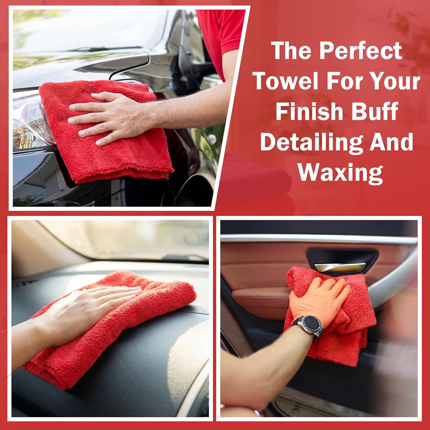 Tallew 15 Pcs Car Microfiber Towels Buffing Drying Wash Cleaning Cloths Plush Large Towels Thick Care Polishing Detailing Waxing Scratch Proof Towel, 15.75 x 15.75 Inch (Red)
