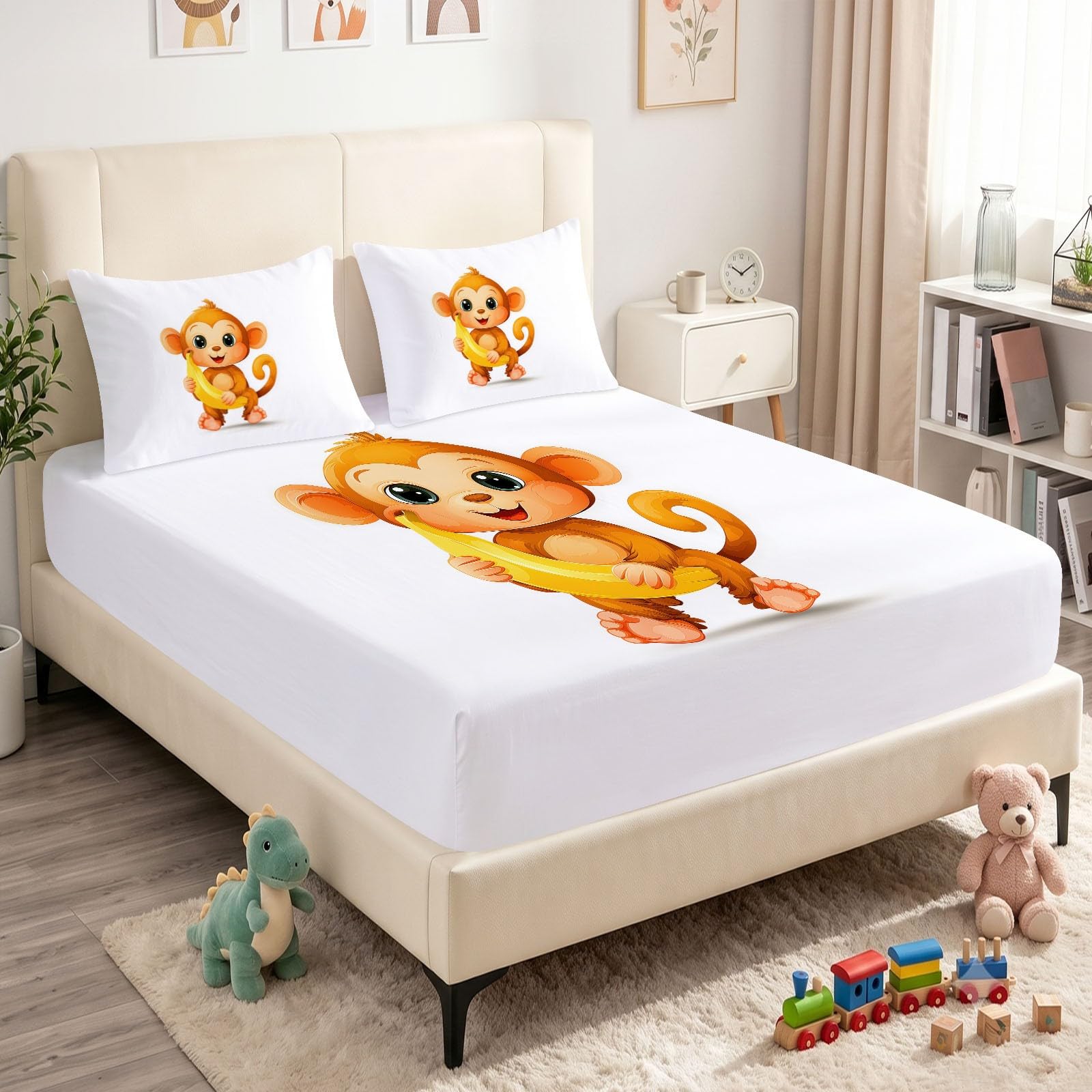 3-częściowy zestaw prześcieradła z gumką 180 x 200 cm – kreskówka zwierzęta, małpa, banan, prześcieradło z gumką z mikrofibry, miękkie, przytulne prześcieradło na łóżko podwójne z 2 poszewkami na