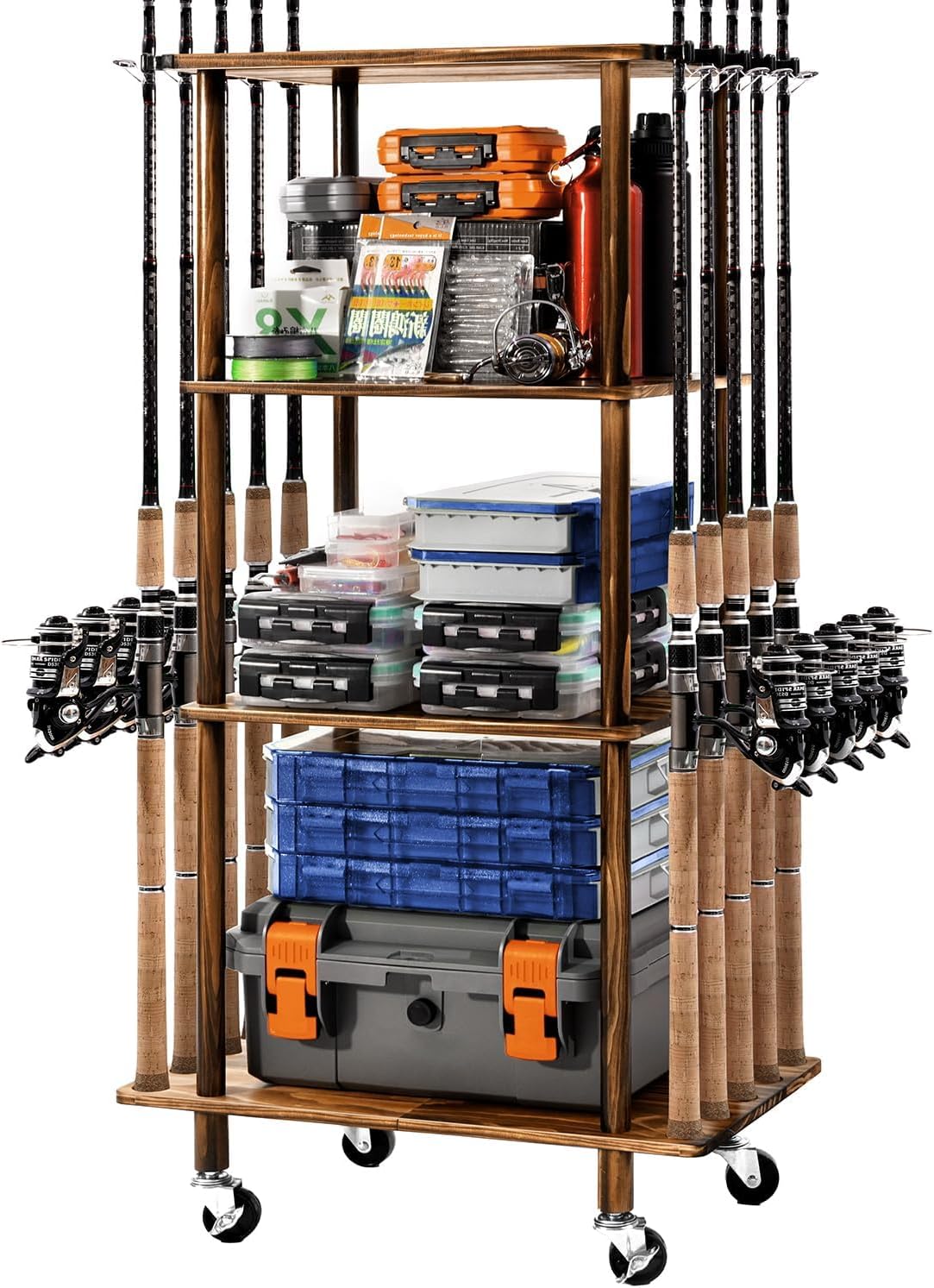 Ghosthorn Fishing Rod Holders Fishing Pole Rack for Garage Hold up to 10 Rods Wooden Fishing Pole Holders Organizer Fishing Rod Rack Fishing Gear Storage Equipment(Carbonization，4 Tier)