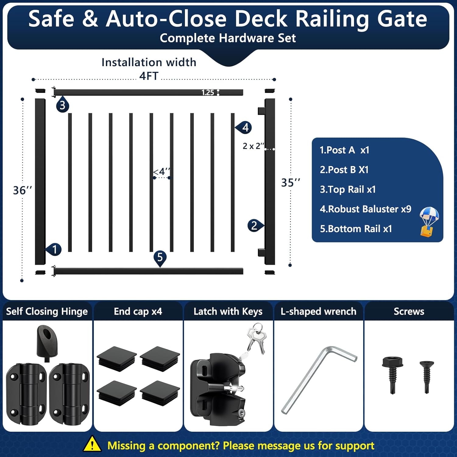 W.4ft x H.36in Aluminum Deck Gate Outdoor, Cuttable Porch Gate Kit with Latch and Auto-Closing Hinge, AAMA 2604–Grade Sand-Texture Black Outdoor Gate for Deck Railing Patios, Porch, Garden